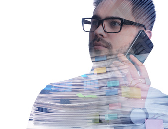 Multiple exposure of young man talking on phone, documents and building