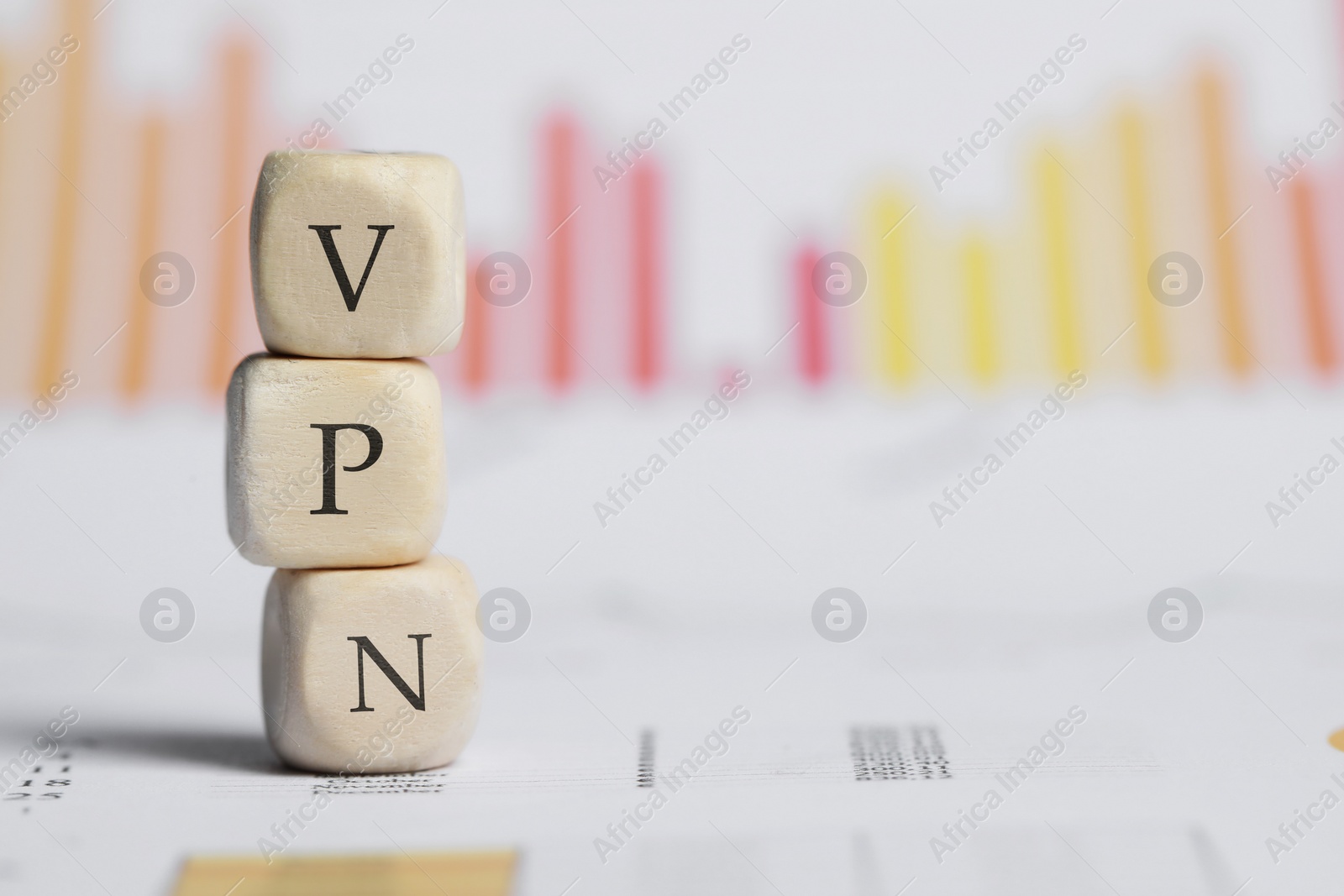 Photo of Wooden beads with acronym VPN on table, space for text