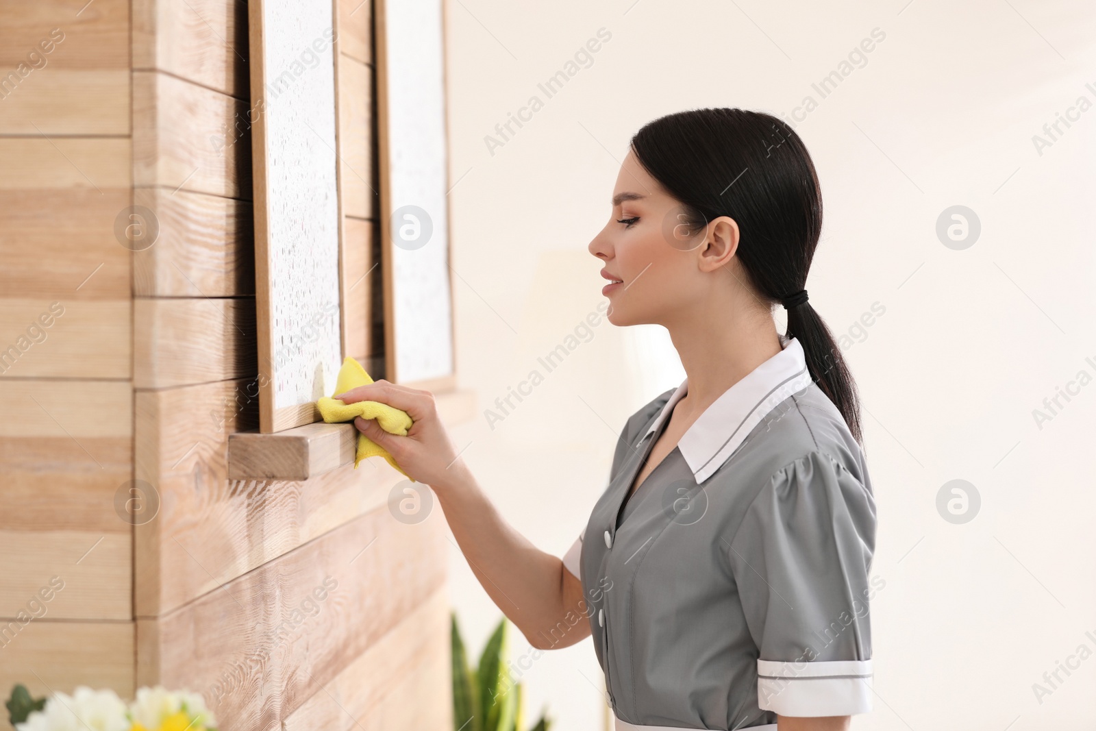 Photo of Young chambermaid wiping dust from furniture in hotel room