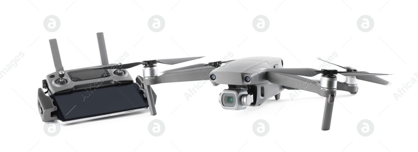 Photo of Modern drone and controller with smartphone  isolated on white