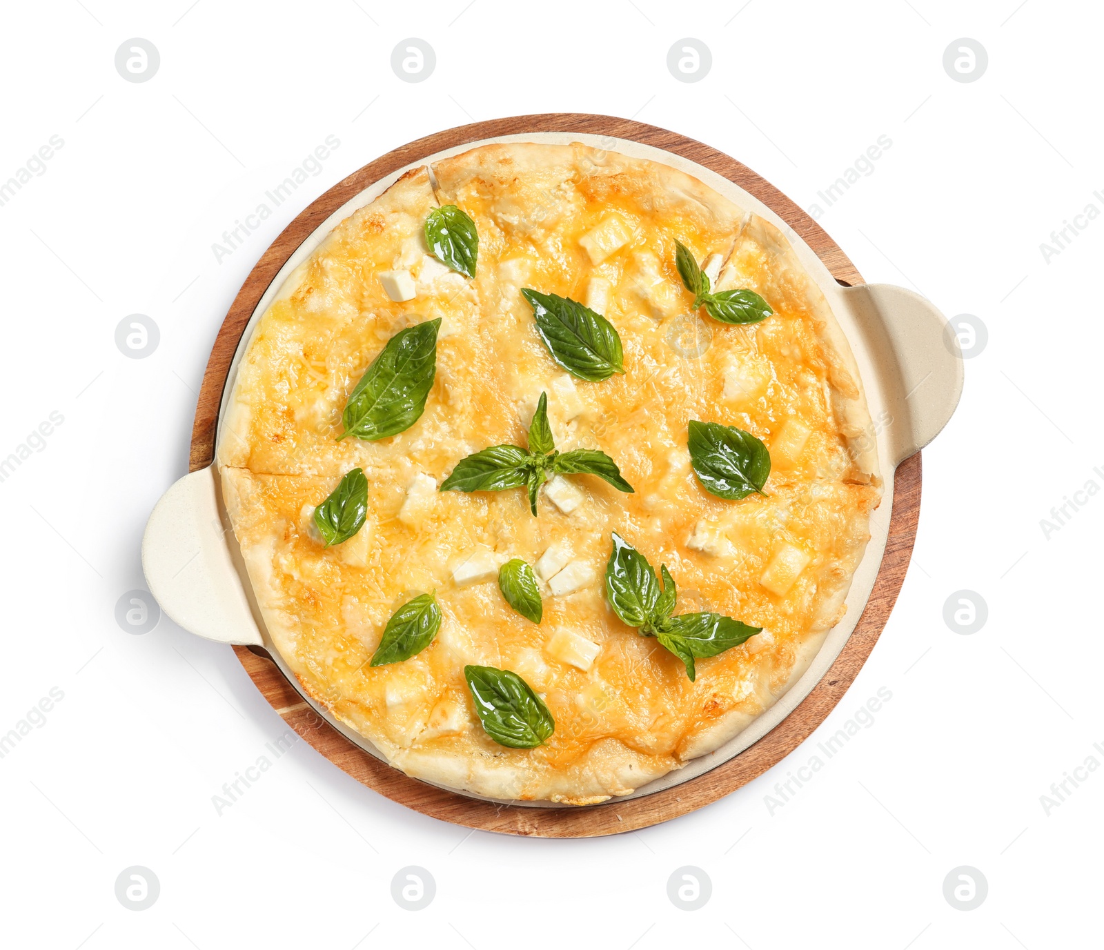 Photo of Tasty homemade pizza on white background, top view