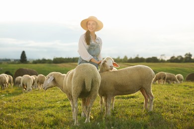 Smiling woman stroking sheep on pasture at farm