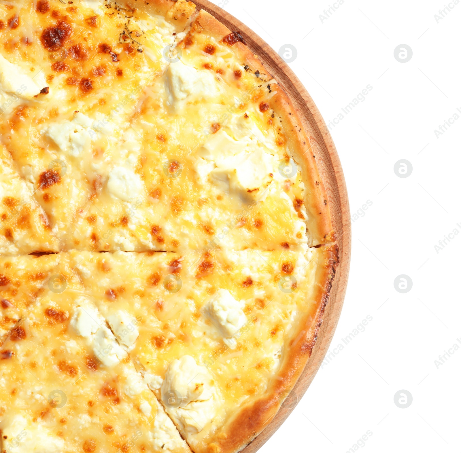 Photo of Tasty hot cheese pizza on white background