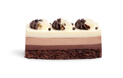 Photo of Piece of tasty chocolate mousse cake isolated on white