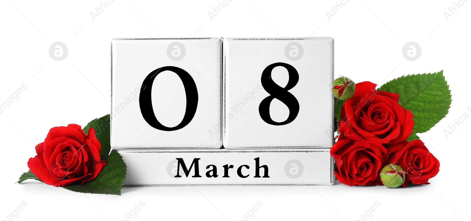 Photo of Wooden block calendar with date 8th of March and roses on white background. International Women's Day