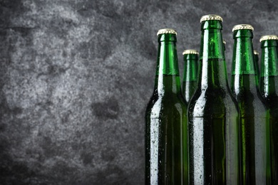 Bottles of beer on grey background, closeup. Space for text