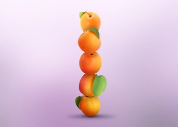 Image of Stack of fresh ripe apricots on light violet gradient background