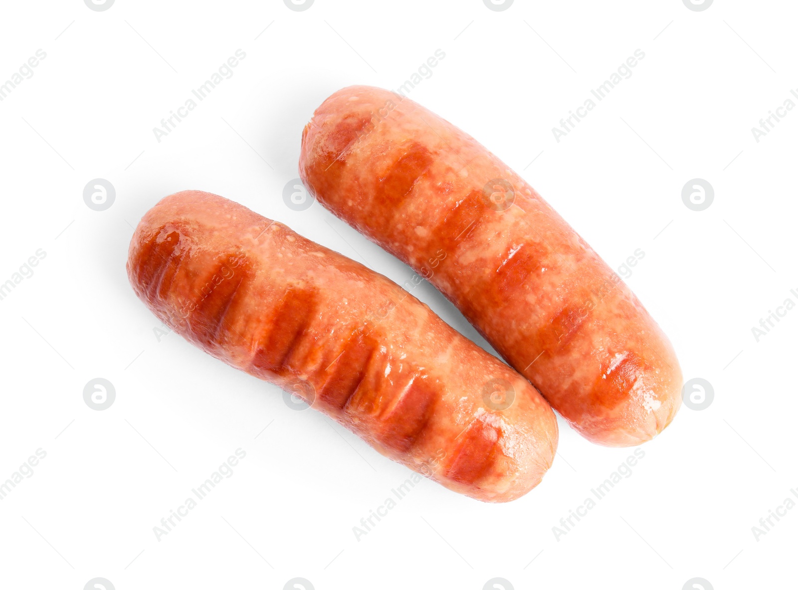 Photo of Tasty grilled sausages isolated on white, top view