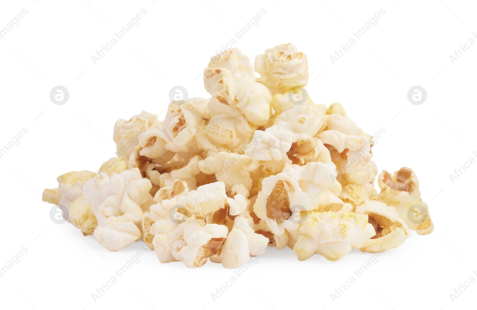 Photo of Fresh popcorn isolated on white. Tasty snack