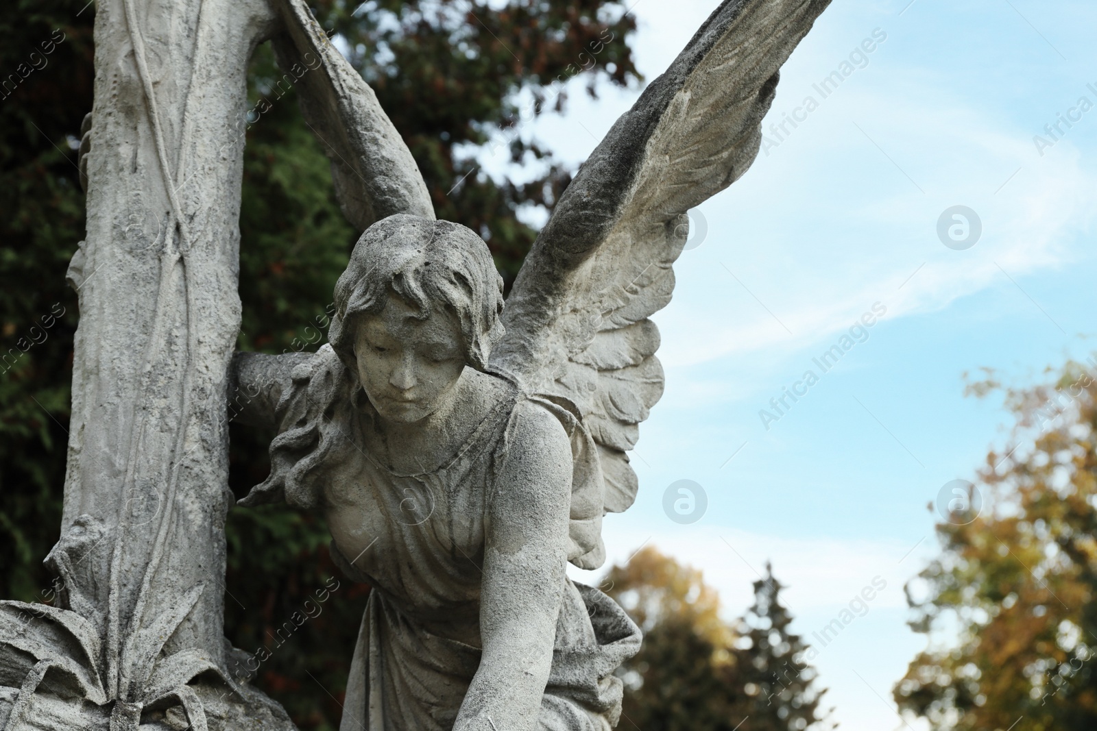 Photo of Beautiful statue of angel at cemetery, space for text. Funeral ceremony