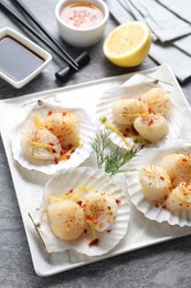 Photo of Raw scallops with spices, dill, lemon zest and shells on grey marble table, above view