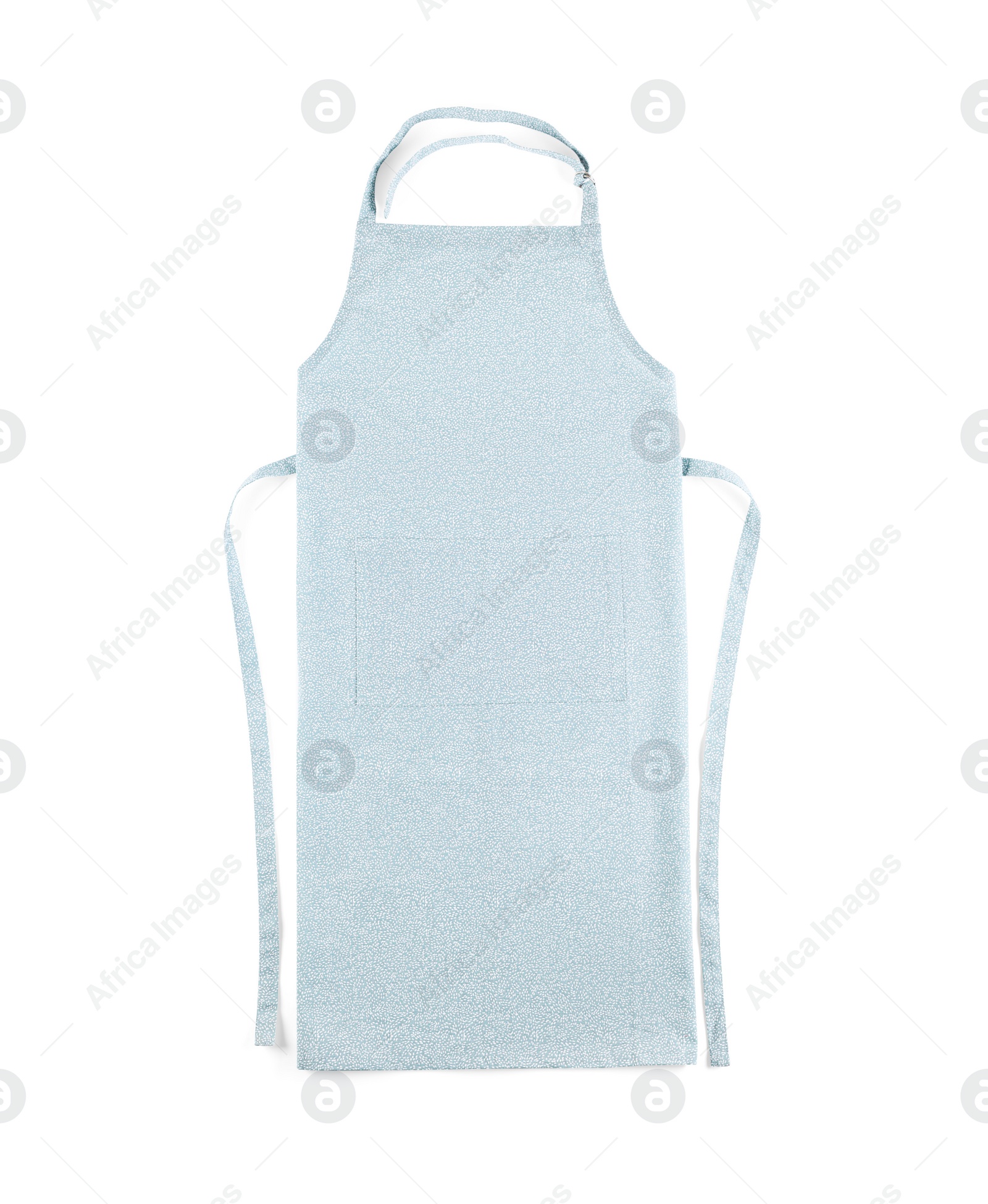 Photo of Light blue apron with pattern isolated on white, top view