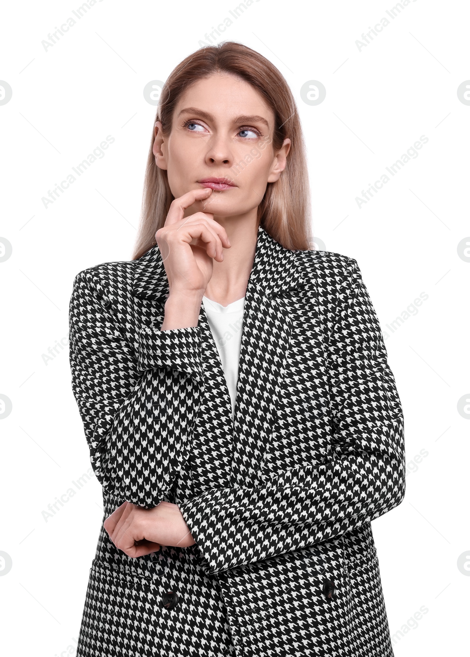 Photo of Beautiful businesswoman in suit on white background