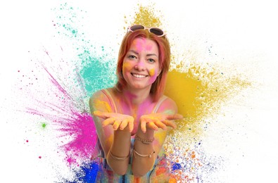 Holi festival celebration. Happy woman covered with colorful powder dyes on white background