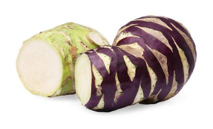 Photo of Tasty purple and green Kohlrabi cabbages on white background