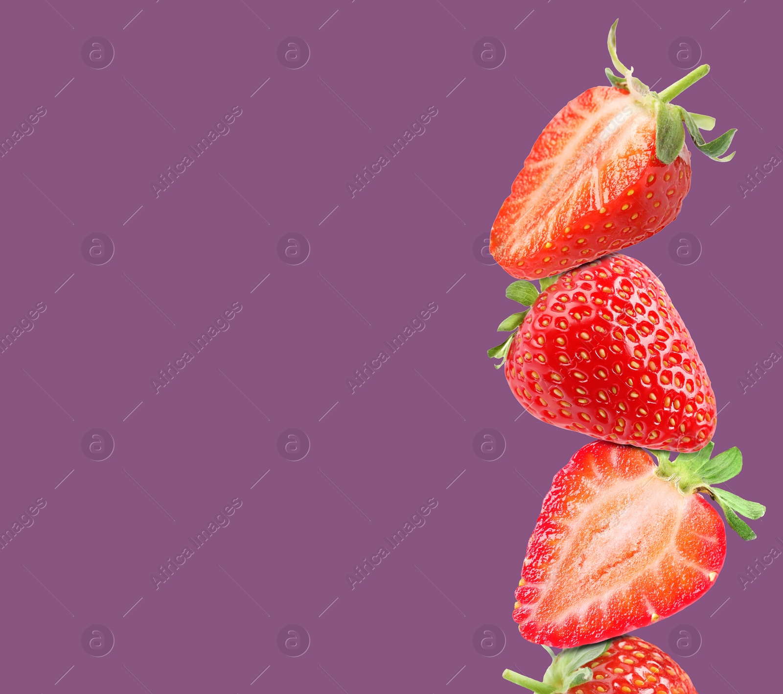 Image of Stack of fresh strawberries on pale purple background, space for text