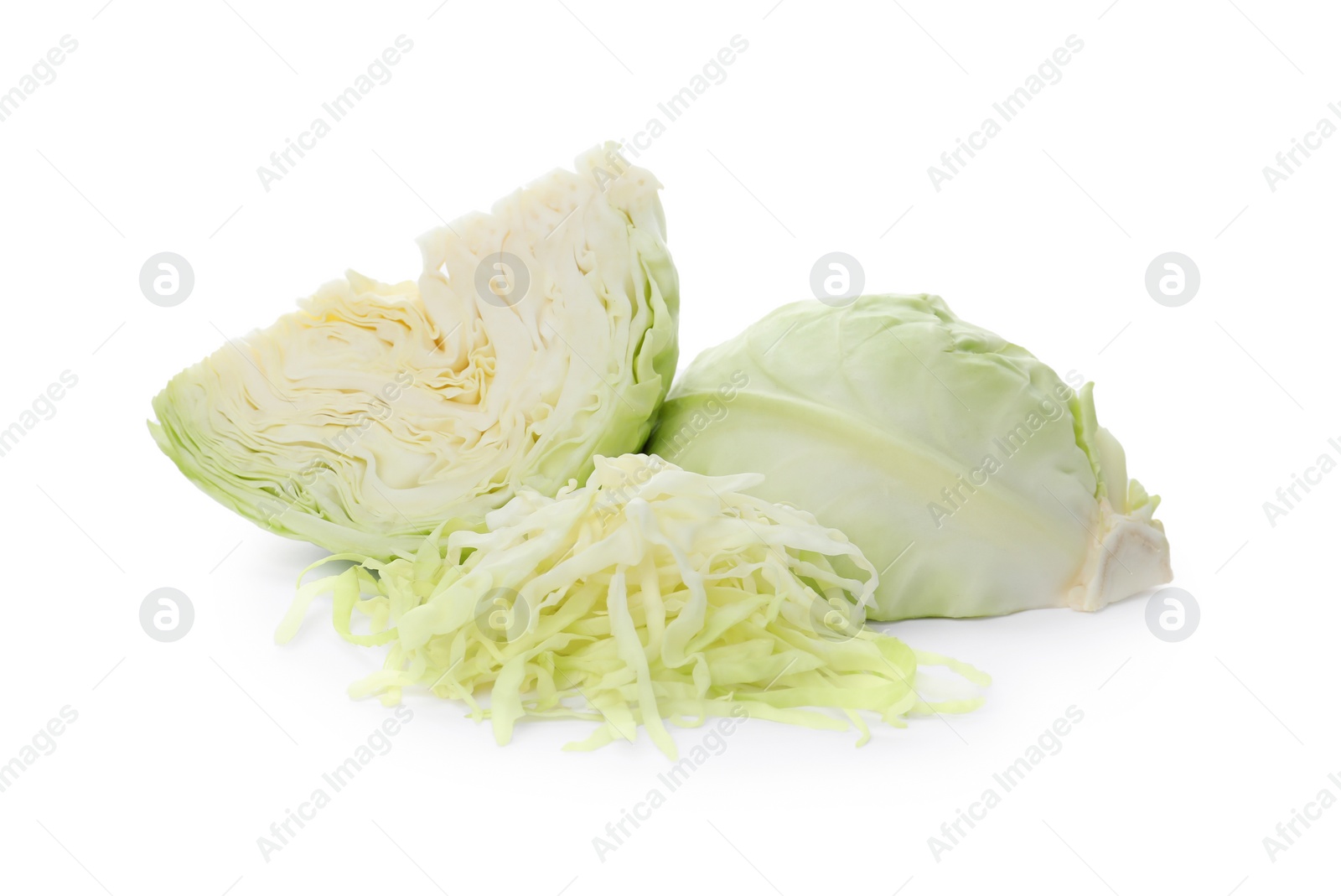 Photo of Cut fresh ripe cabbage on white background