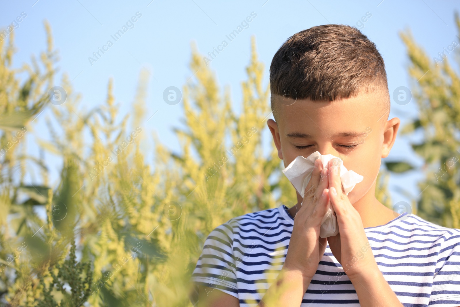 Photo of Little boy suffering from ragweed allergy outdoors