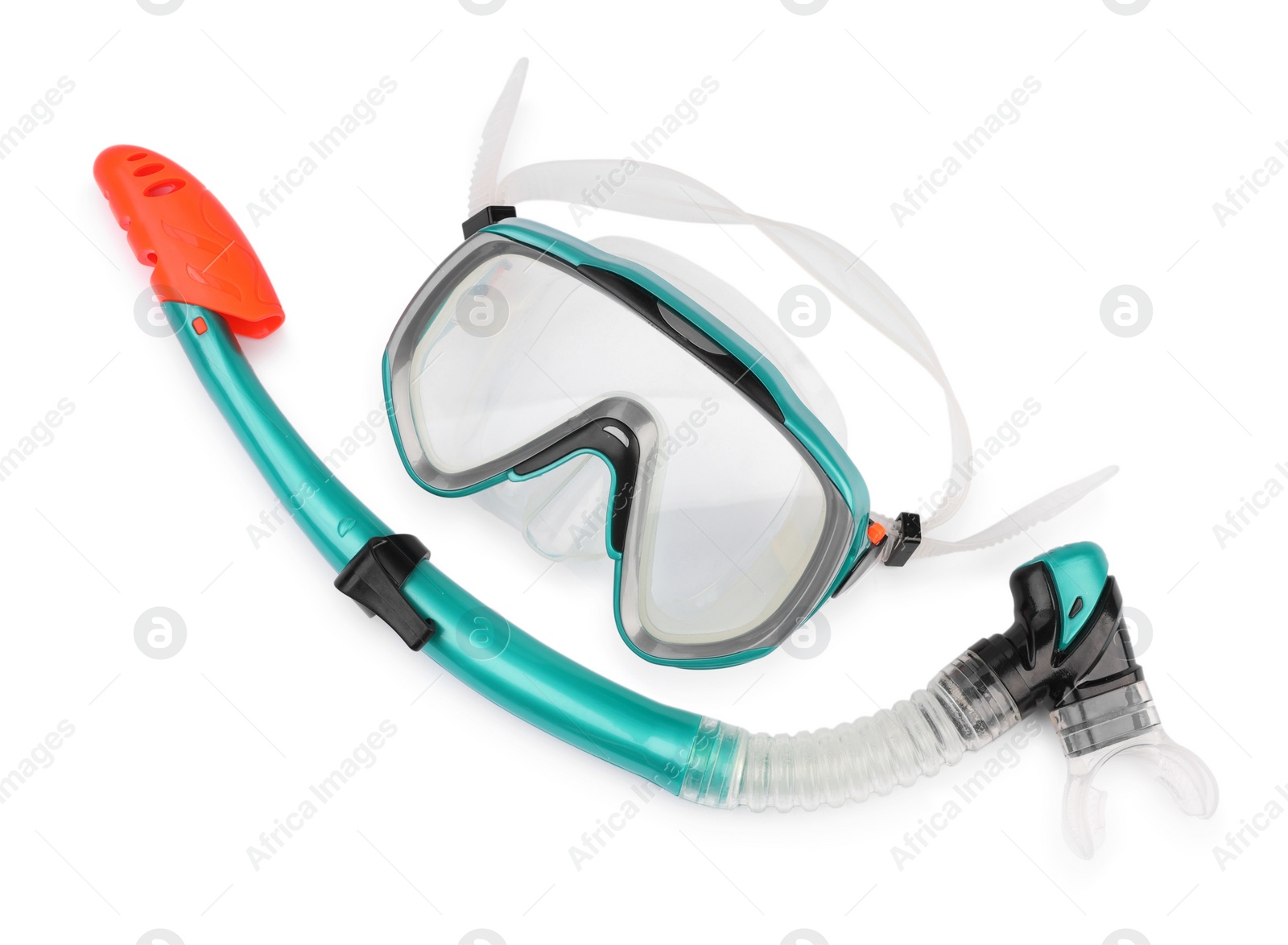 Photo of Turquoise diving mask and snorkel isolated on white, top view. Sports equipment