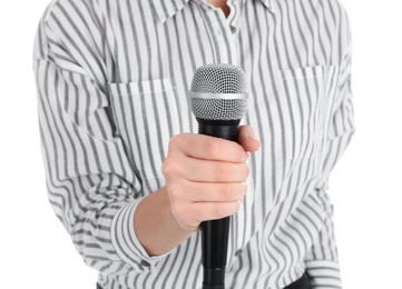 Photo of Young woman holding microphone on white background, closeup view