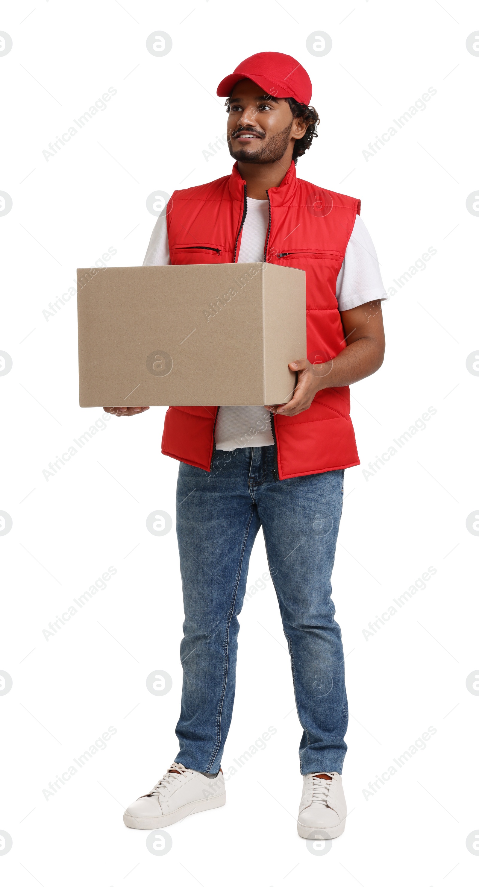 Photo of Happy courier with parcel on white background