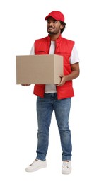 Photo of Happy courier with parcel on white background