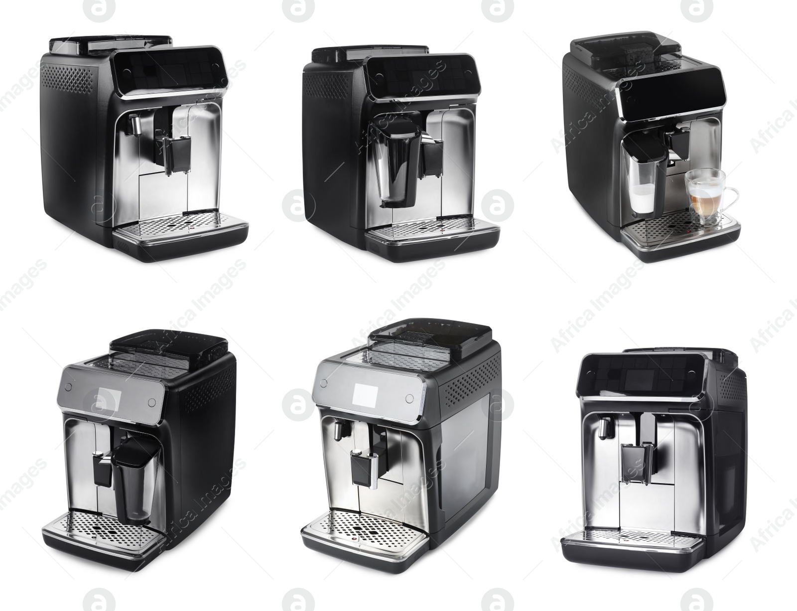 Image of Set with modern electric coffee machines on white background