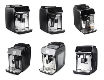 Set with modern electric coffee machines on white background