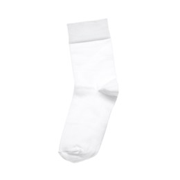 Photo of New sock isolated on white, top view