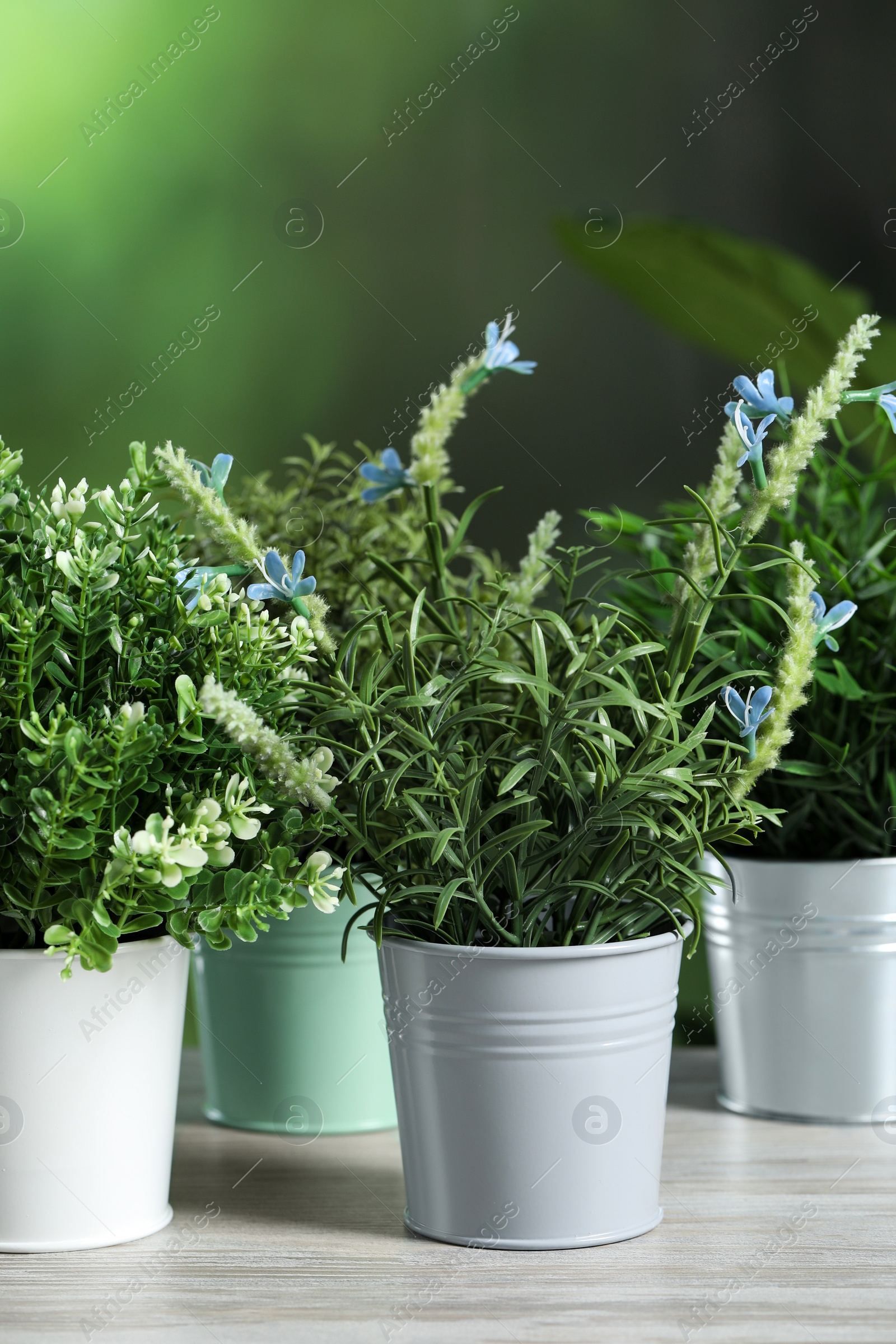 Photo of Different artificial potted herbs on white wooden table