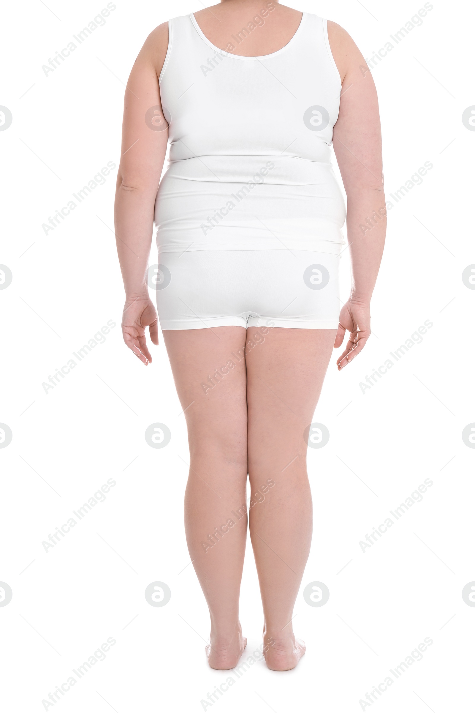 Photo of Overweight woman on white background, closeup. Weight loss