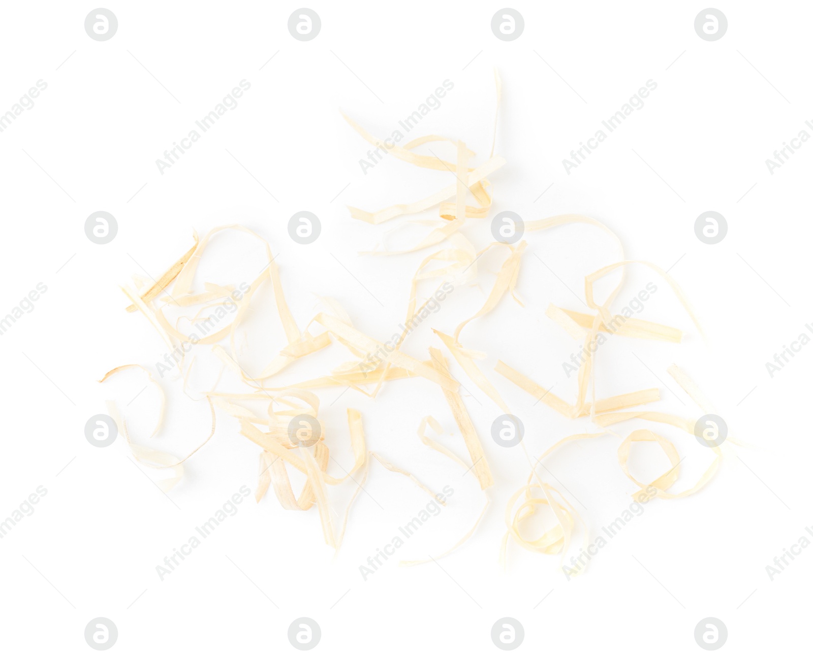 Photo of Wood shavings isolated on white, top view