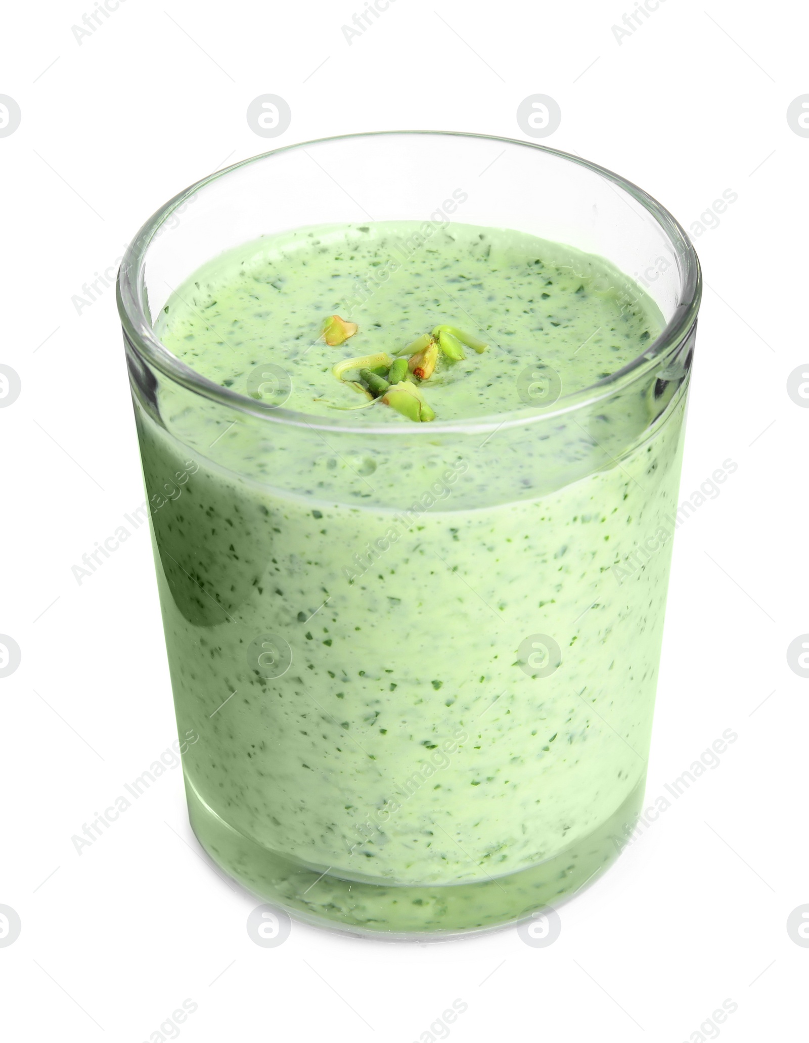 Photo of Glass of green buckwheat smoothie isolated on white