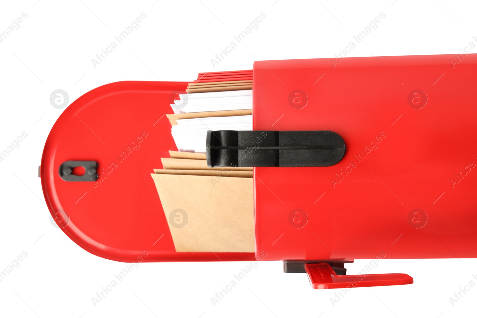 Photo of Open red letter box with correspondence on white background