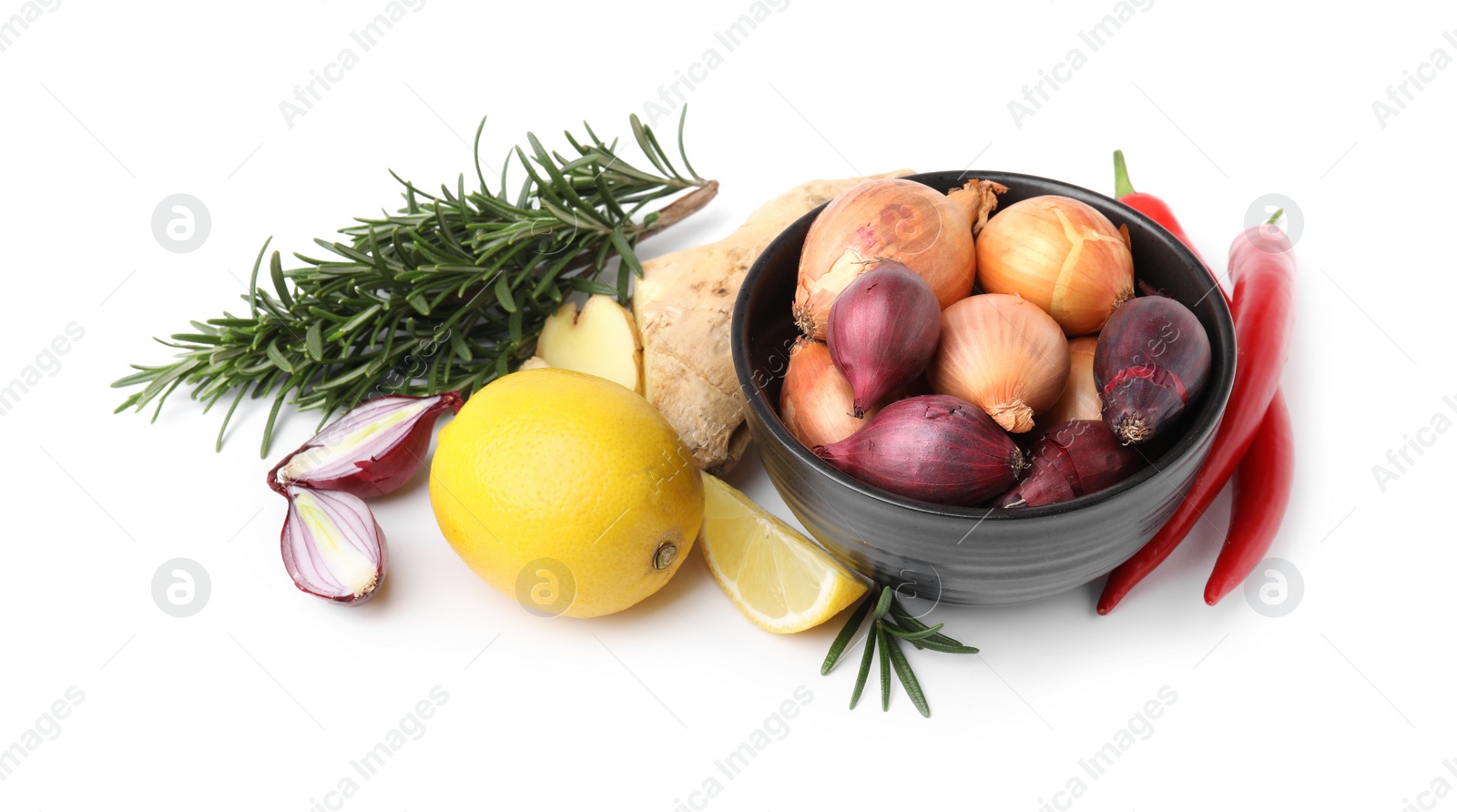 Photo of Different fresh ingredients for marinade on white background