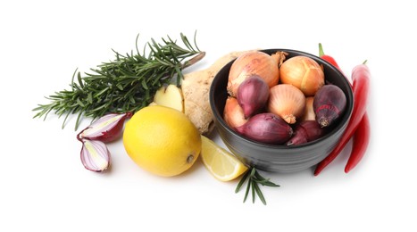 Different fresh ingredients for marinade on white background