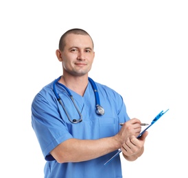 Photo of Portrait of medical assistant with stethoscope and clipboard on white background