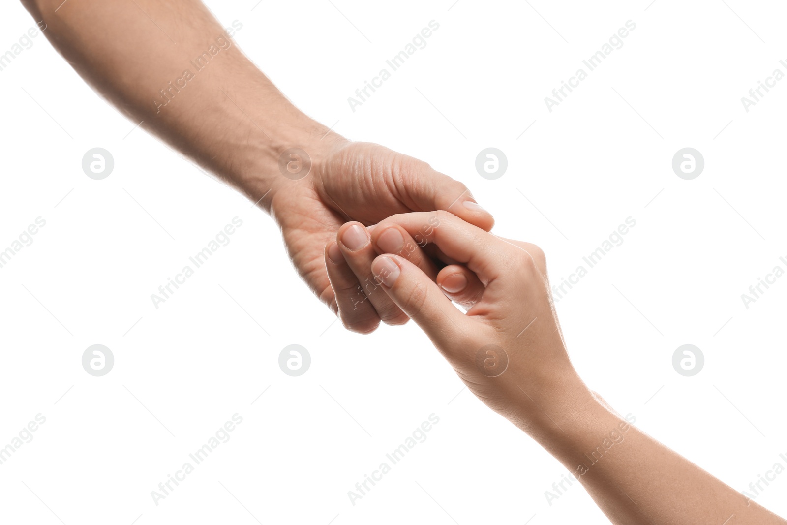 Photo of Man and woman holding hands on white background, closeup. Help and support concept