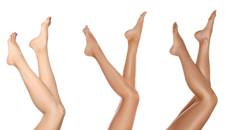 Women with beautiful legs on white background, closeup. Collage of photos showing stages of suntanning