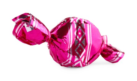 Photo of Candy in bright pink wrapper isolated on white