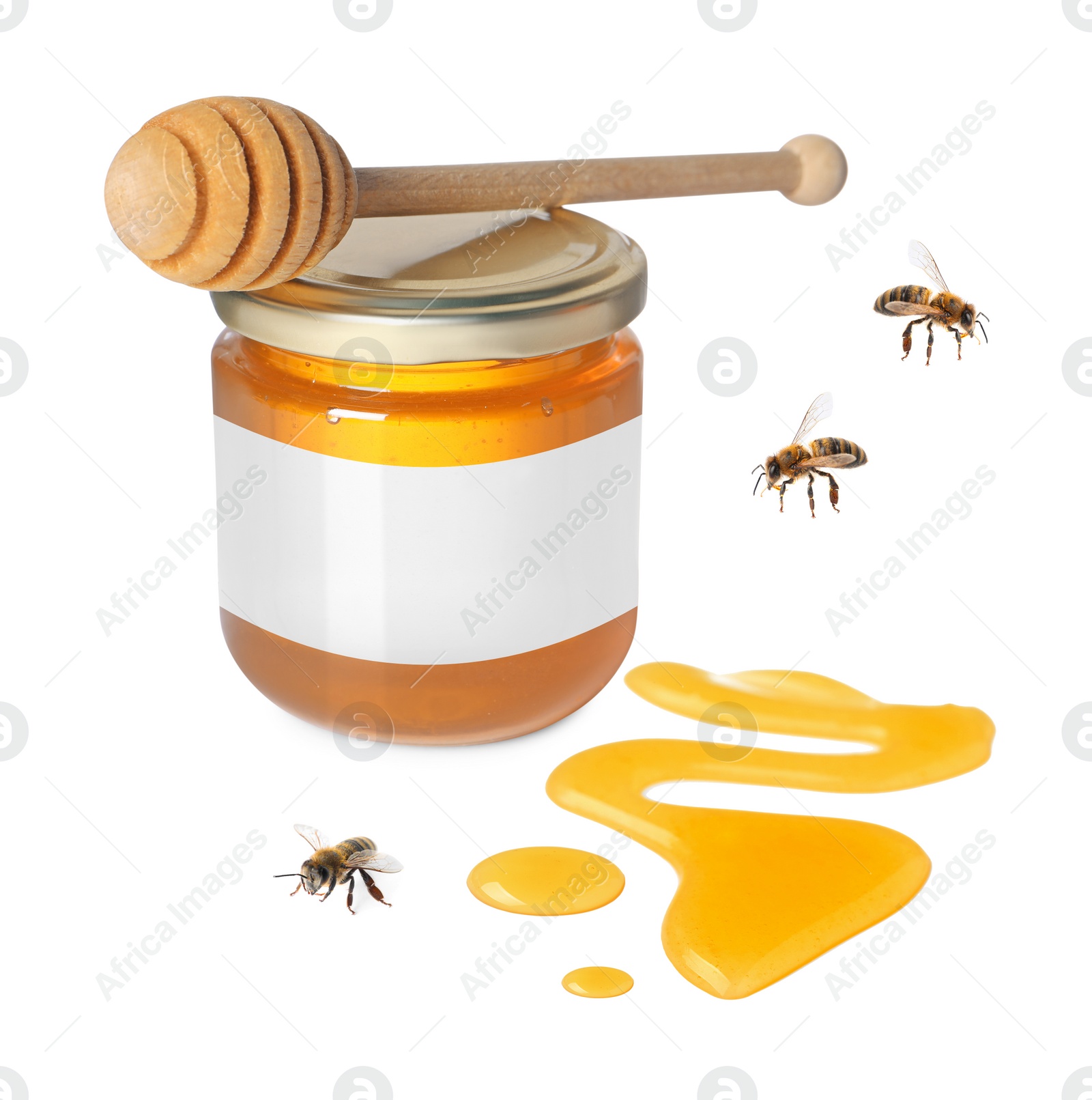 Image of Sweet honey in glass jar with blank label, honey dipper and flying bees on white background. Mockup for design