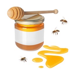 Image of Sweet honey in glass jar with blank label, honey dipper and flying bees on white background. Mockup for design