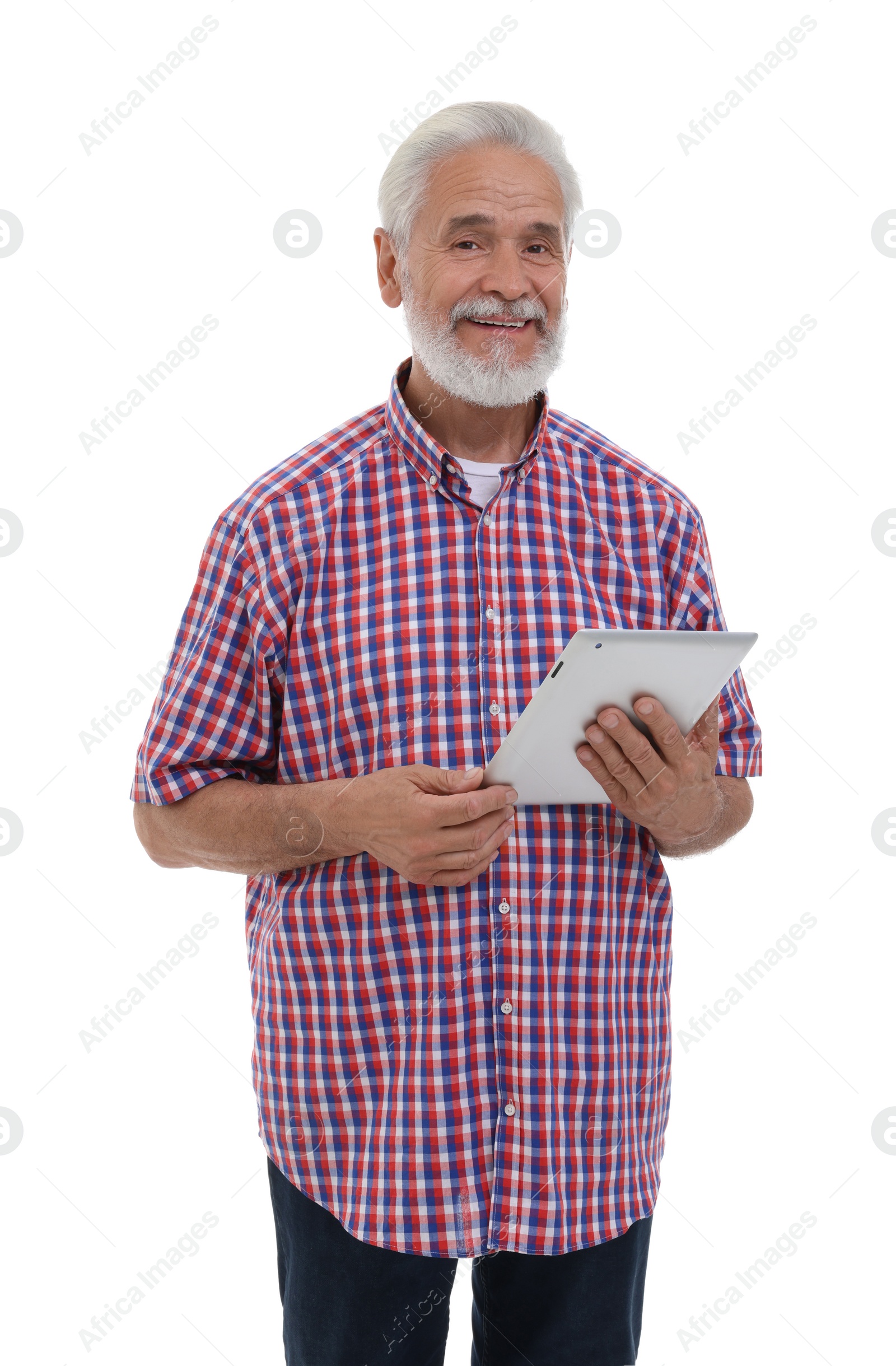 Photo of Smiling man with tablet on white background