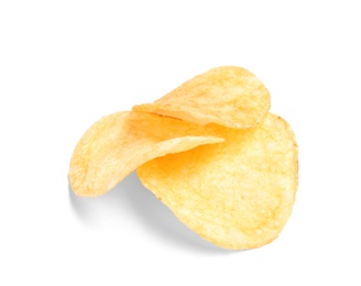 Tasty crispy potato chips on white background