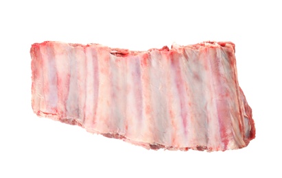 Photo of Raw ribs on white background, top view. Fresh meat