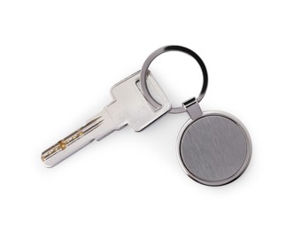 Key with metallic keychain isolated on white, top view