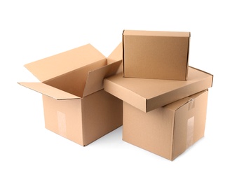 Pile of cardboard boxes on white background