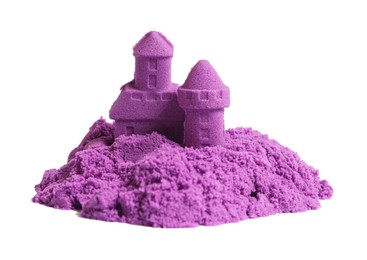 Photo of Castle made of purple kinetic sand isolated on white