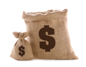 Image of Burlap bags with dollar signs on white background