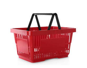 Photo of Color plastic shopping basket isolated on white